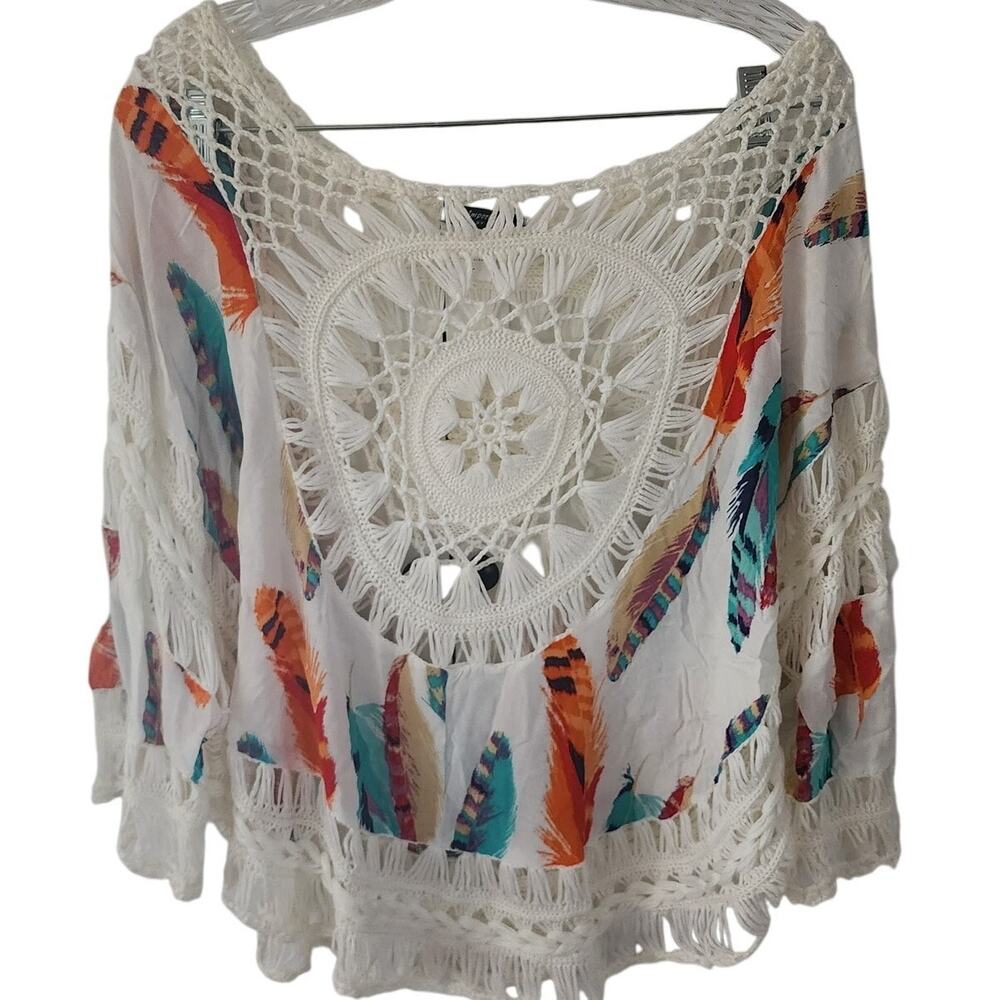Vivid importers Crochet Pullover Beachy Oversized Feather Print Poncho Large